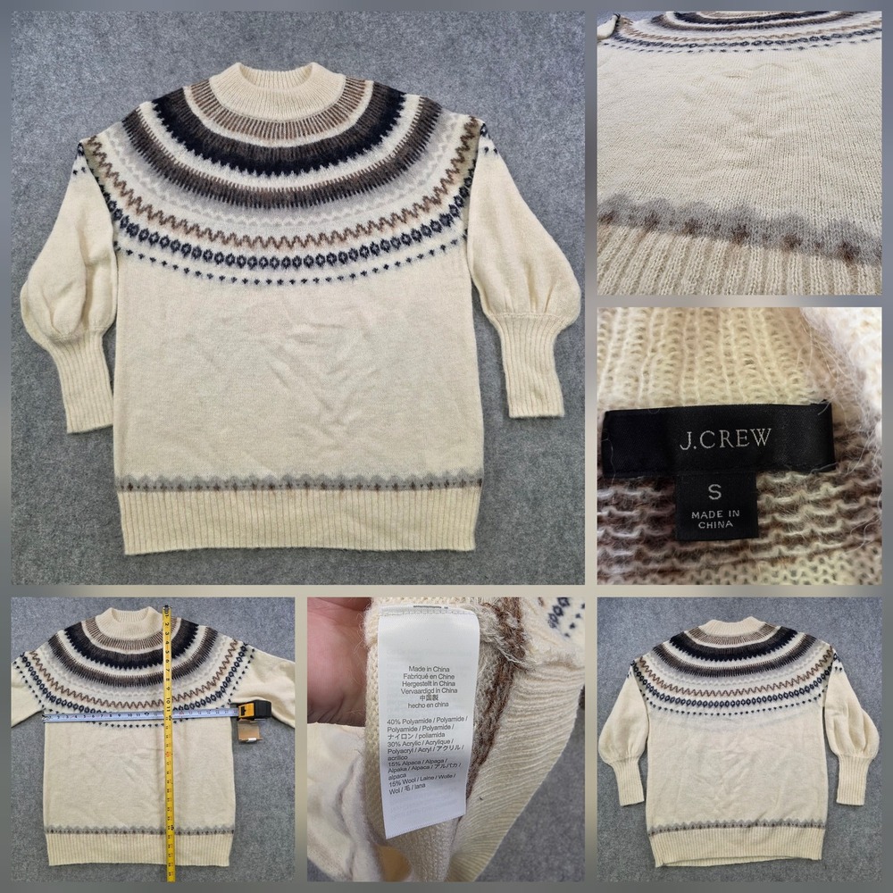 J Crew Sweater Womens Small White Fair Isle Mock Neck Alpaca Ski Knit Winter